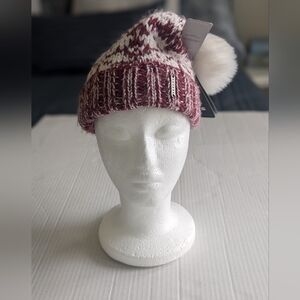 Brekka Italian Stylish Burgundy and White Winter Knit Pom-Pom Hat One Size